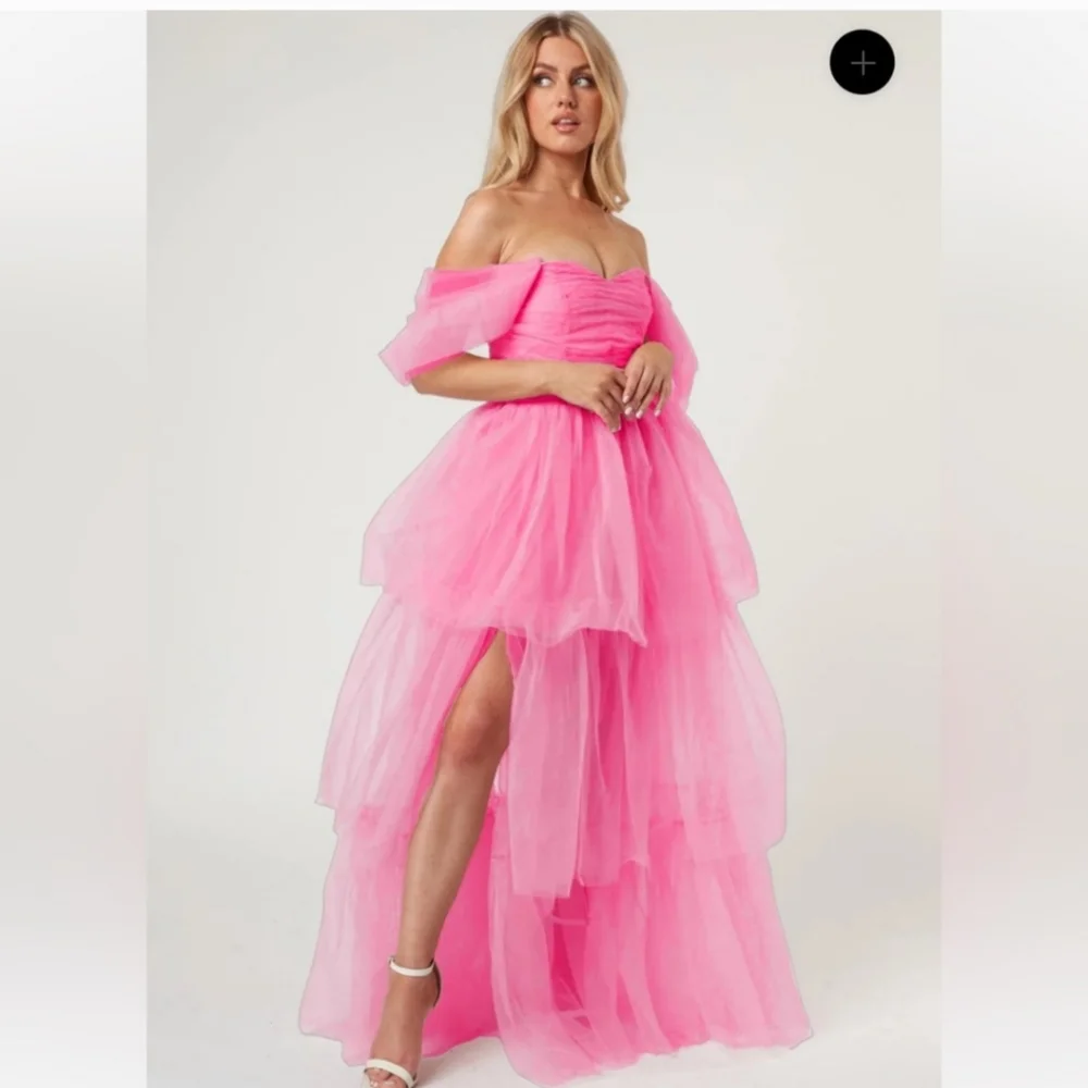COPY - Lace & Beads off shoulder tulle maxi dress in bright pink - Picture 2 of 5